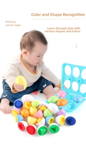 Detail of 12-piece color and shape matching egg set with blue storage tray for toddlers