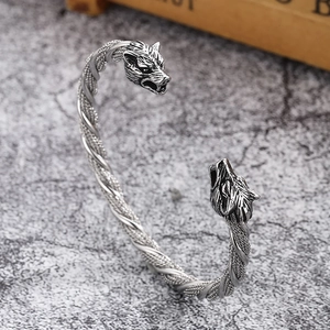 Retro double wolf head twisted wire steel cuff bracelet in antique silver finish for men