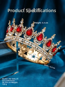 Detailed view of luxury gold bridal crown with red gems and crystal rhinestones size specs