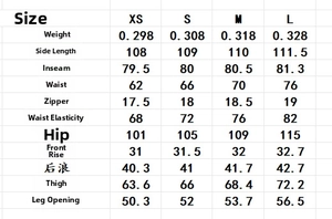 Detailed size chart for burgundy wide leg trousers with waist and hip measurements