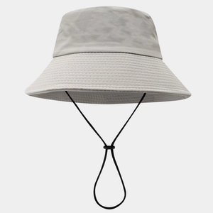 Light grey quick-dry nylon sun hat with wide brim and adjustable black chin strap