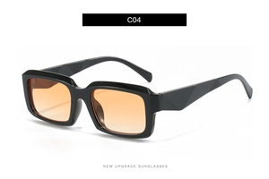Detail view of square black frames with orange gradient lenses and C04 model branding