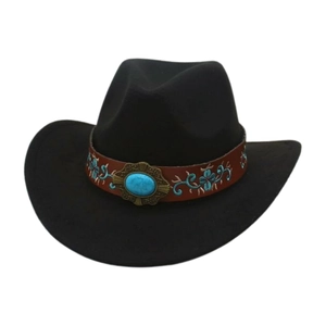 Detail of a black felt cowboy hat with embroidered leather band and turquoise stone