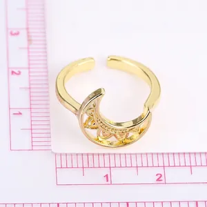 Adjustable gold plated sun moon open ring with hollow crescent design and zircon stones