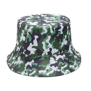Detail of forest camouflage bucket hat showing reinforced stitching on the wide brim