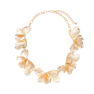Metallic flower petal necklace in gold finish with textured details and adjustable chain