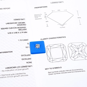Close-up view of 1.10 carat IGI certified lab-grown diamond with cushion cut report