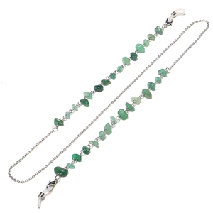 Detail of green aventurine stone chain with silver metal lobster clasps and silicone loops