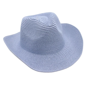 Close-up of light blue straw weave and curved brim detail on the Panama beach hat