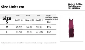 Size guide with measurements in cm for the sexy V-neck satin evening dress style YL25554