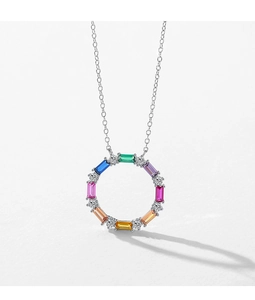 Detail of silver geometric circle necklace with colorful rectangular gemstones