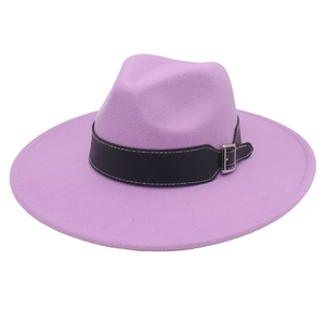 Classic deep purple wide brim fedora hat with black leather band and silver buckle