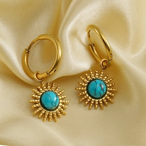 18K gold plated stainless steel sunburst hoop earrings with blue turquoise inlay