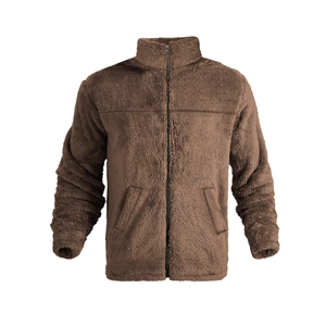 Men's dark brown fleece jacket with stand collar and full-length zipper in solid color