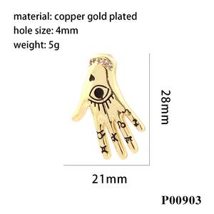 Detail of 18K gold-plated Hamsa pendant with evil eye pattern and size dimensions