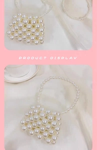 Detail of hand-woven mini pearl bead bag with elegant lattice texture and handle