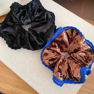 Elegant velvet flower scrunchie set in black and brown blue with delicate lace trim
