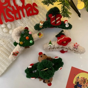 Christmas acrylic elk shark hair claw clips with plush reindeer and tree patterns