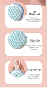 Detail of soft silicone scalp massage brush with hanging hook and wide comb teeth