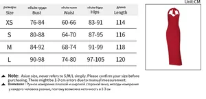 Detailed size chart for the sexy deep V-neck halter dress in XS to L measurements