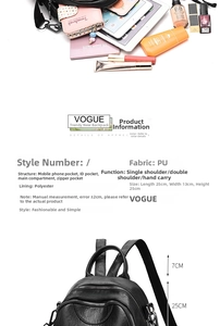 Detailed size specifications of the black PU leather backpack showing 25x13x25cm dimensions