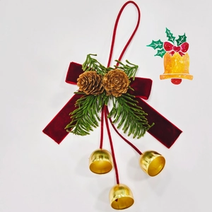 Christmas red velvet bow with natural pine cones and golden bells decoration