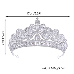 Silver bridal tiara size detail: 17cm width, 8cm height and 160g weight dimensions