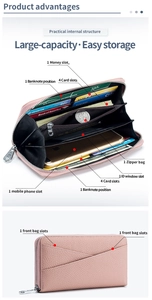 Detail of pink leather wallet with RFID blocking, large capacity slots and phone pocket