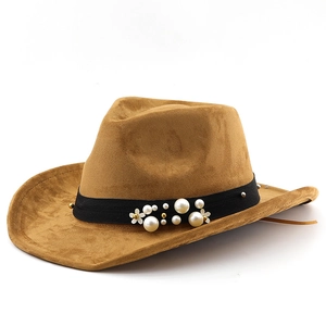 Chapeau de jazz en daim marron orné de perles et de rivets à fleurs sur bandeau