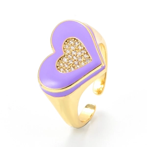 Adjustable gold open ring with large purple enamel heart and tiny crystal-encrusted heart