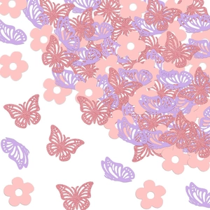 Colorful butterfly and flower party confetti set in pink and purple glitter finish