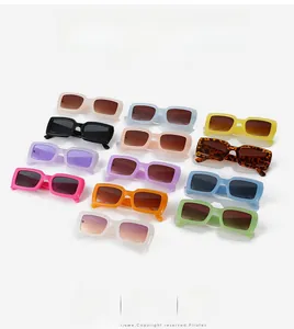 Detailed array of trendy rectangular sunglasses in twelve vibrant jelly colors and patterns