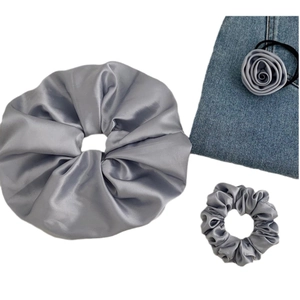 Cold grey silk flower scrunchie set including large, small rings and rose hair tie