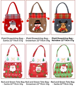 Detail of assorted Christmas gift bags with Santa, snowman, and reindeer motifs