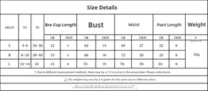 Size chart detail for lace bikini set with US and EU measurements for S, M, L sizes