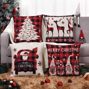 Lot de 4 housses de coussin de Noël en lin à carreaux avec motifs nains et rennes