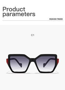 Detailed view of oversized polygon sunglasses with gradient lenses and red decorative accents