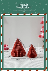 Detail of red origami Christmas tree candle with white ribbon showing size specifications