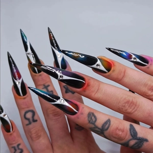 Long Stiletto Press On Nails Dark Y2K Black Nebula Aurora Smudge With Rhinestones Artificial Fake Nails For Women