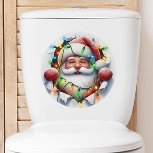 3D Santa Claus toilet lid sticker with colorful festive lights on a white ceramic tank