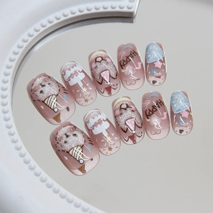 Cat eye press-on nails with cute cartoon bears and glitter stars on a mirror base
