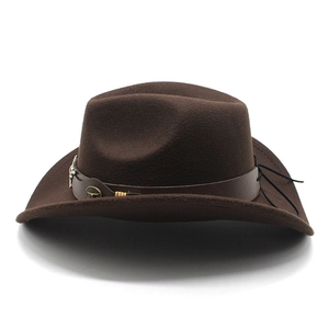 Chapeau de cowboy en feutre de laine marron avec ruban cuir et emblème taureau