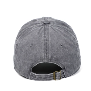 Detail view of the adjustable metal buckle on back of gray washed vintage baseball cap
