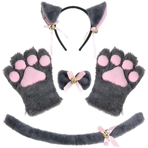 Cute 4-piece gray and pink plush cat cosplay set with ears, paws, tail and bowtie