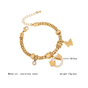 Detail view of gold stainless steel butterfly charm bracelet with 18+5cm length specs