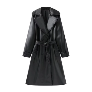 Women's black long PU leather trench coat with lapels and belted waist in classic style