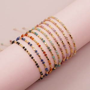 Handmade Natural Stone Beaded Bracelet With Gold Metal Faceted Spacers Adjustable Sliding Knot Bohemian Jewelry Women