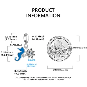 Detailed dimensions of silver seahorse and helm charm with coin size comparison