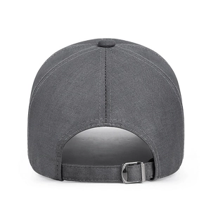 Rear view of dark grey baseball cap with adjustable metal buckle on textured fabric