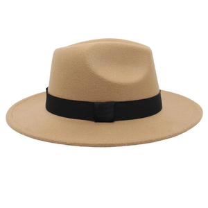 Close-up of khaki wool fedora hat featuring a classic black decorative ribbon band